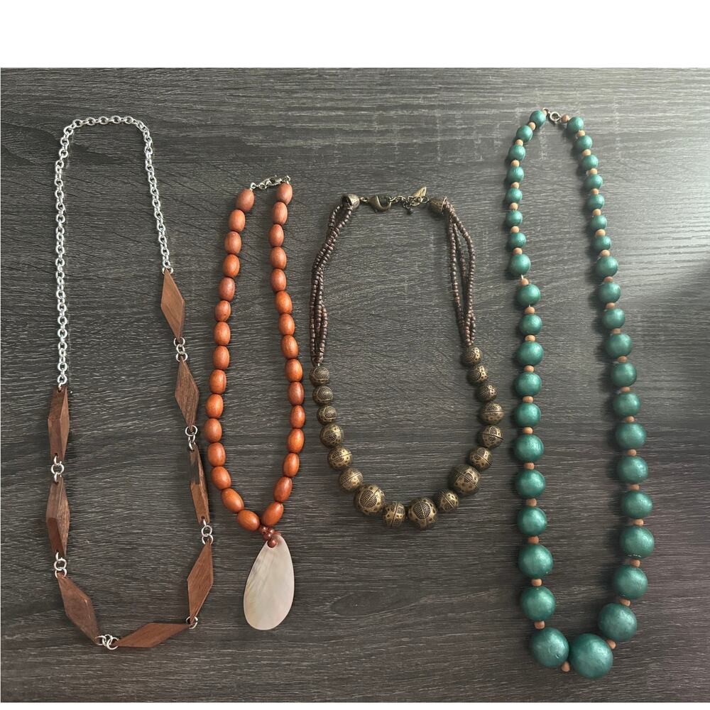 Vintage Lot of 4 Wooden Earth Tone Statement Necklaces